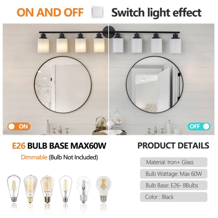 8-Light Vanity Wall Light – Matte Black Bathroom Fixture with Frosted Glass Shades - Image 4