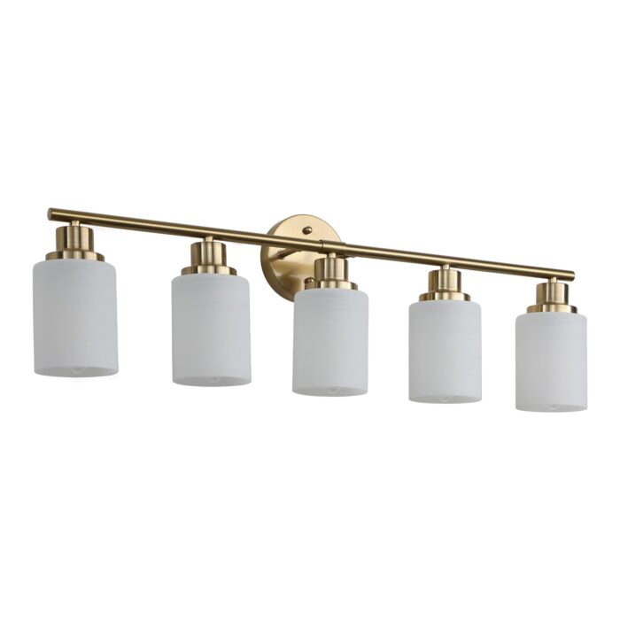 Bathroom Vanity Light – 5-Light Brushed Gold Wall Sconce with Frosted Glass Shades - Image 1
