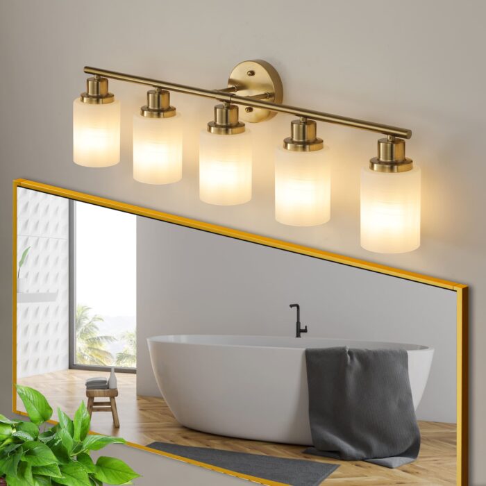 Bathroom Vanity Light – 5-Light Brushed Gold Wall Sconce with Frosted Glass Shades - Image 2