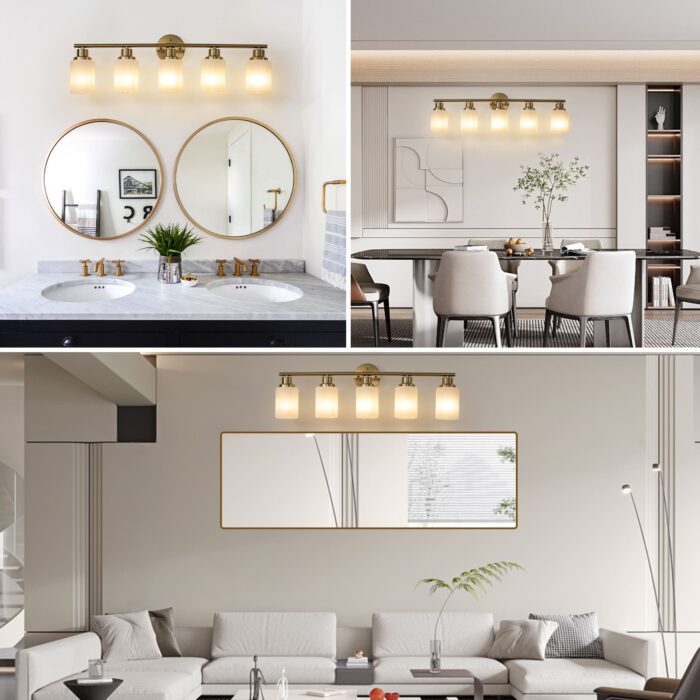 Bathroom Vanity Light – 5-Light Brushed Gold Wall Sconce with Frosted Glass Shades - Image 4