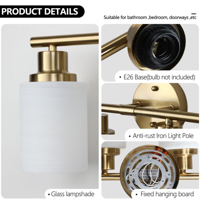 Bathroom Vanity Light – 5-Light Brushed Gold Wall Sconce with Frosted Glass Shades - Image 6