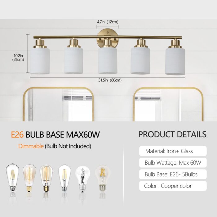 Bathroom Vanity Light – 5-Light Brushed Gold Wall Sconce with Frosted Glass Shades - Image 7