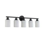 Black 5-Light Vanity Light Fixture with Milky White Glass Shades for Bathroom Mirror