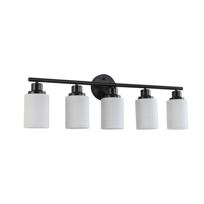 Black 5-Light Vanity Light Fixture with Milky White Glass Shades for Bathroom Mirror - Image 1
