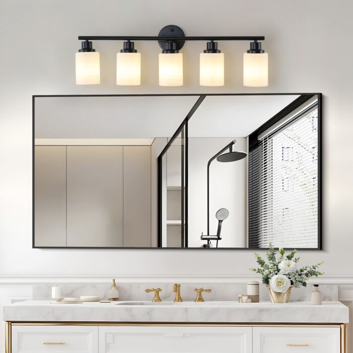 Black 5-Light Vanity Light Fixture with Milky White Glass Shades for Bathroom Mirror - Image 2