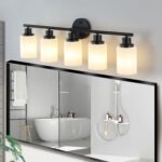Black 5-Light Vanity Light Fixture with Milky White Glass Shades for Bathroom Mirror - Image 3