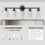 Black 5-Light Vanity Light Fixture with Milky White Glass Shades for Bathroom Mirror - Image 6