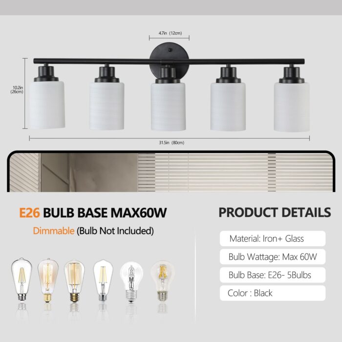 Black 5-Light Vanity Light Fixture with Milky White Glass Shades for Bathroom Mirror - Image 6
