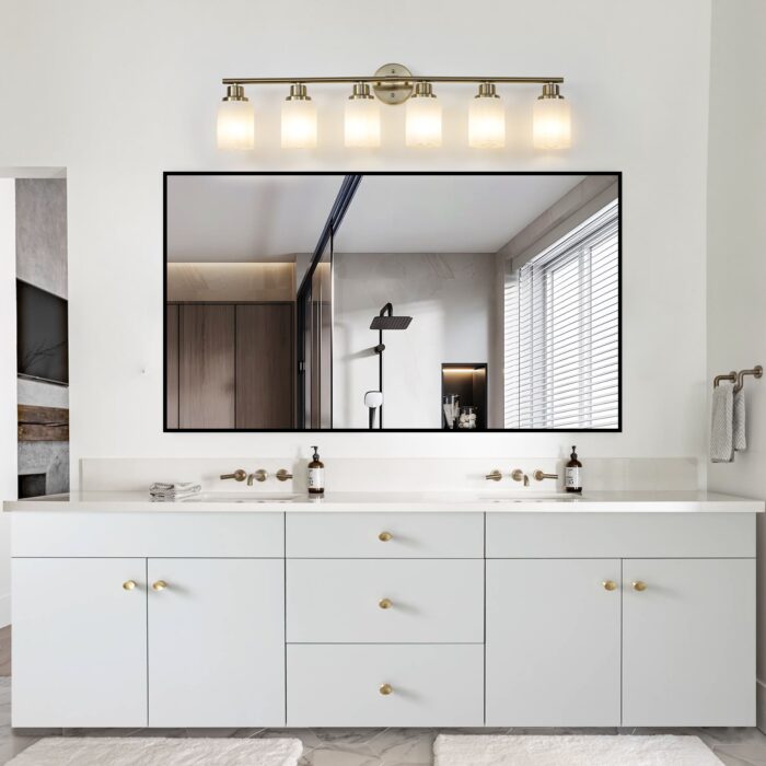 Brushed Gold 6-Light Vanity Wall Sconce with Frosted Glass for Bathroom or Hallway - Image 3