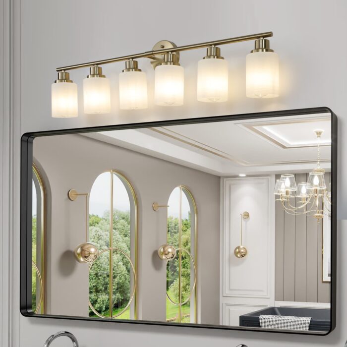 Brushed Gold 6-Light Vanity Wall Sconce with Frosted Glass for Bathroom or Hallway - Image 2