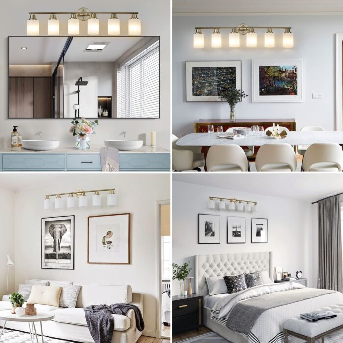 Brushed Gold 6-Light Vanity Wall Sconce with Frosted Glass for Bathroom or Hallway - Image 4
