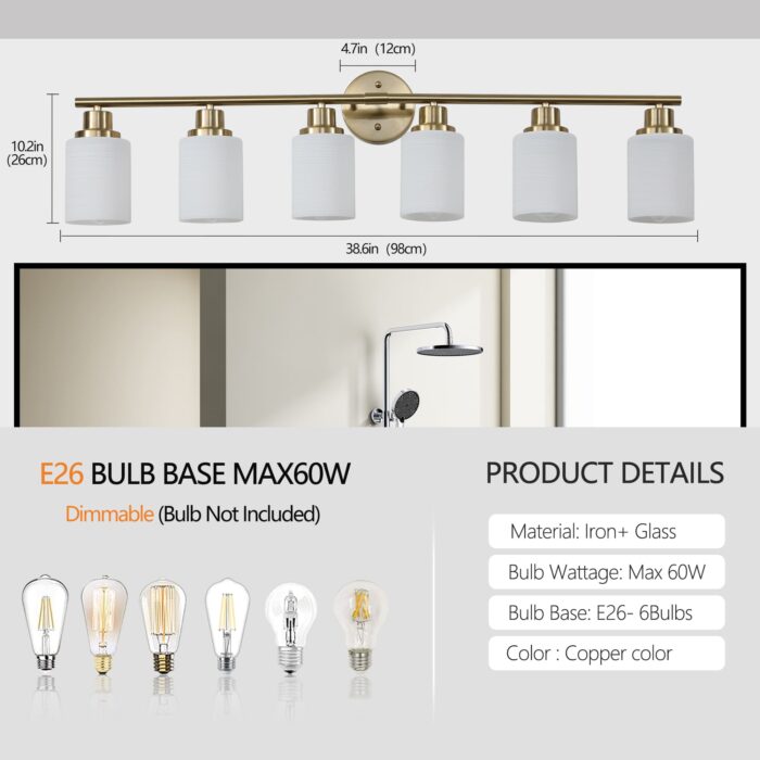 Brushed Gold 6-Light Vanity Wall Sconce with Frosted Glass for Bathroom or Hallway - Image 7