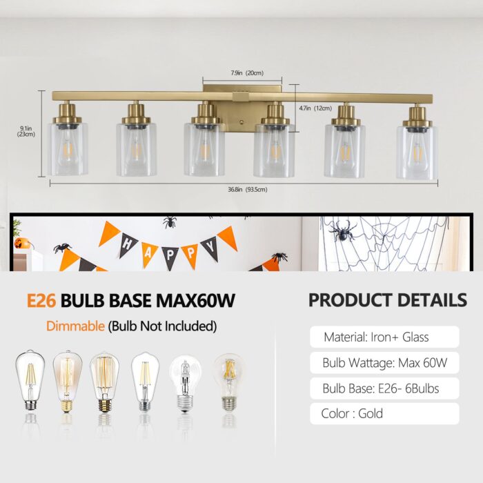 Brushed Gold Vanity Light, Contemporary Bathroom Fixture with 6 Lights - Image 6