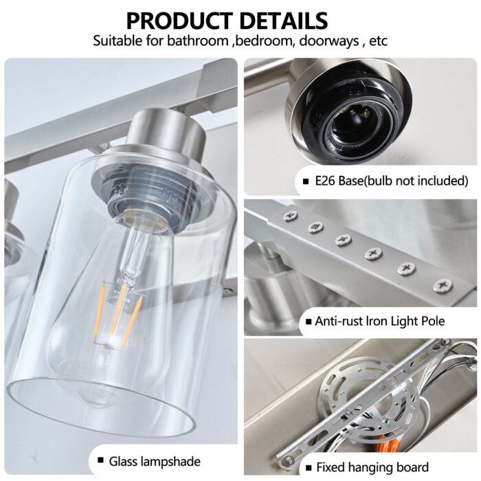 Chrome Vanity Light – Modern Bathroom Wall Fixture with Clear Glass Shades - Image 5