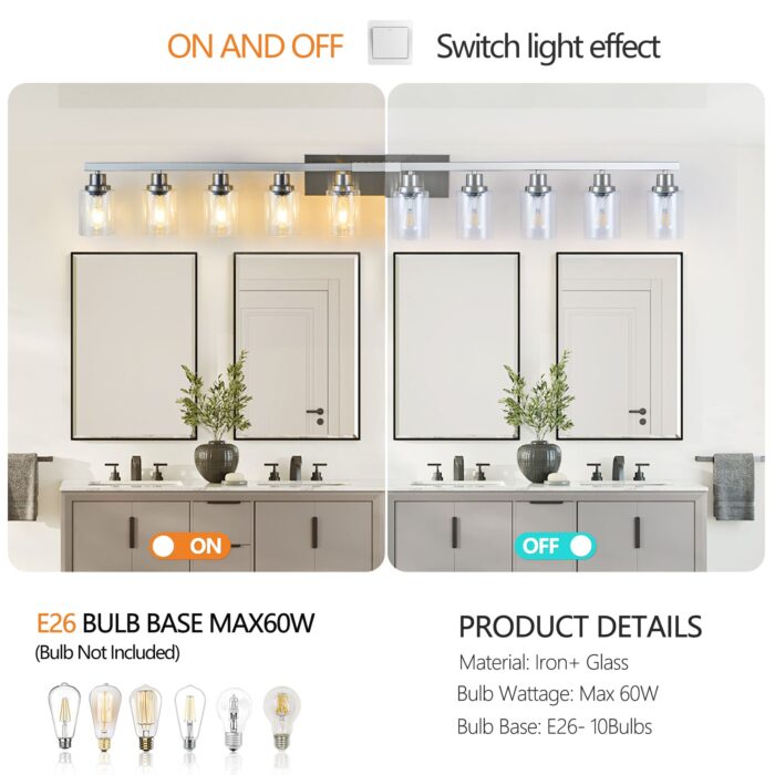 Chrome Vanity Light – Modern Bathroom Wall Fixture with Clear Glass Shades - Image 4
