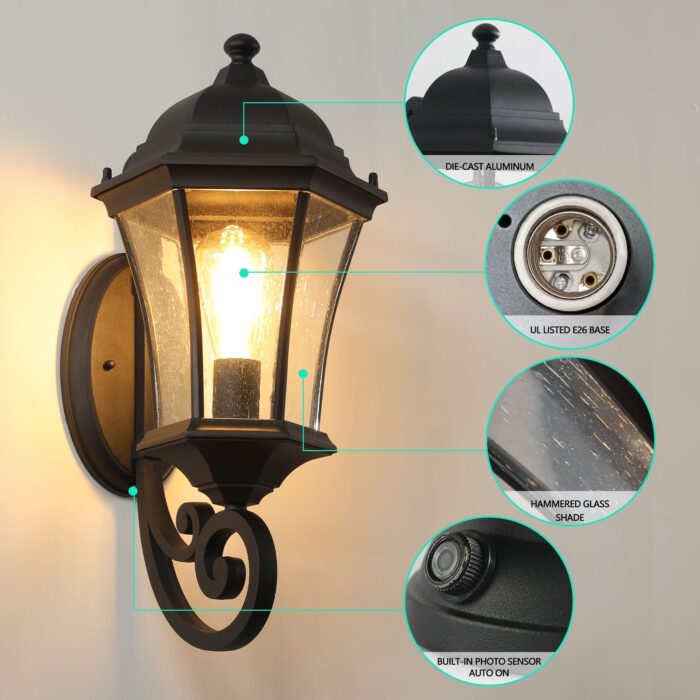 Classic Retro Outdoor Wall Sconce – Black Waterproof Exterior Light with Sensor