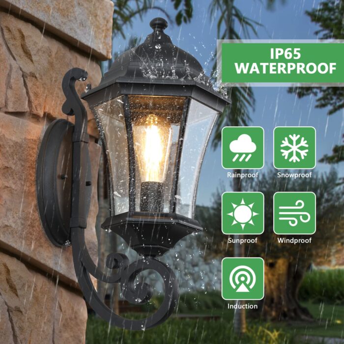 Classic Retro Outdoor Wall Sconce – Black Waterproof Exterior Light with Sensor