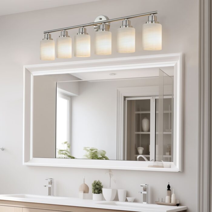 Contemporary 6-Light Vanity Light, Brushed Nickel Finish with Frosted Glass Shades - Image 3