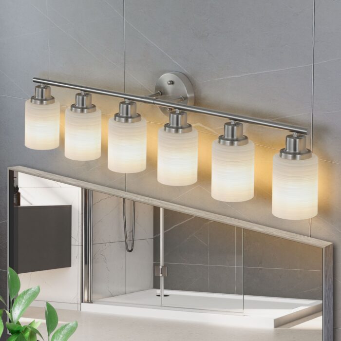 Contemporary 6-Light Vanity Light, Brushed Nickel Finish with Frosted Glass Shades - Image 2