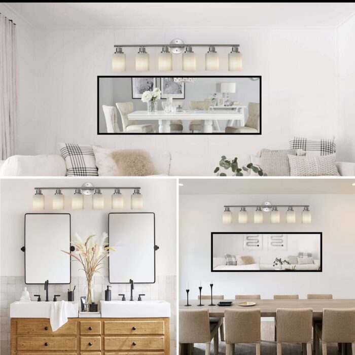 Contemporary 6-Light Vanity Light, Brushed Nickel Finish with Frosted Glass Shades - Image 4
