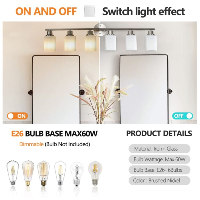 Contemporary 6-Light Vanity Light, Brushed Nickel Finish with Frosted Glass Shades - Image 5