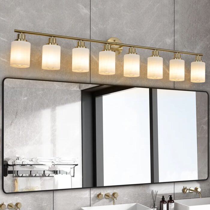 Contemporary 8-Light Vanity Light, Brushed Gold Finish with Frosted Glass - Image 2