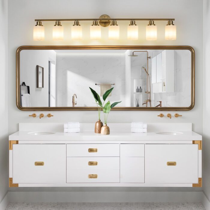 Contemporary 8-Light Vanity Light, Brushed Gold Finish with Frosted Glass - Image 3