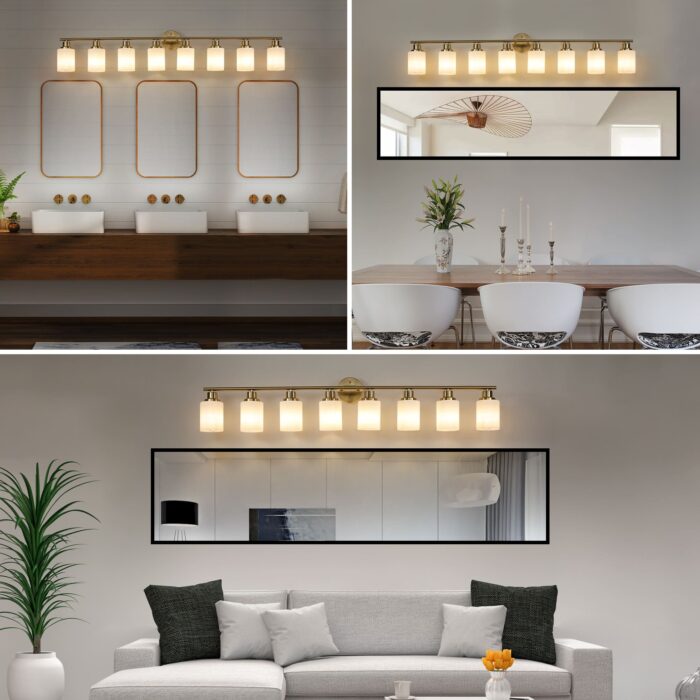 Contemporary 8-Light Vanity Light, Brushed Gold Finish with Frosted Glass - Image 4