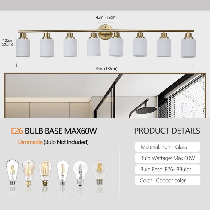 Contemporary 8-Light Vanity Light, Brushed Gold Finish with Frosted Glass - Image 7