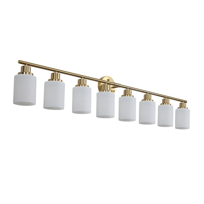 Contemporary 8-Light Vanity Light, Brushed Gold Finish with Frosted Glass - Image 1