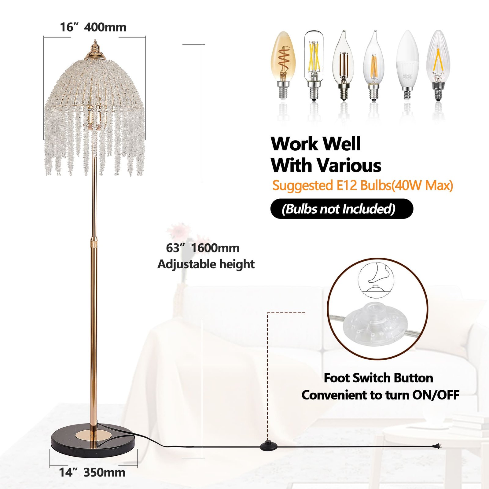 Crystal Floor Lamp – Elegant Waterfall Style with Marble Textured Base ...