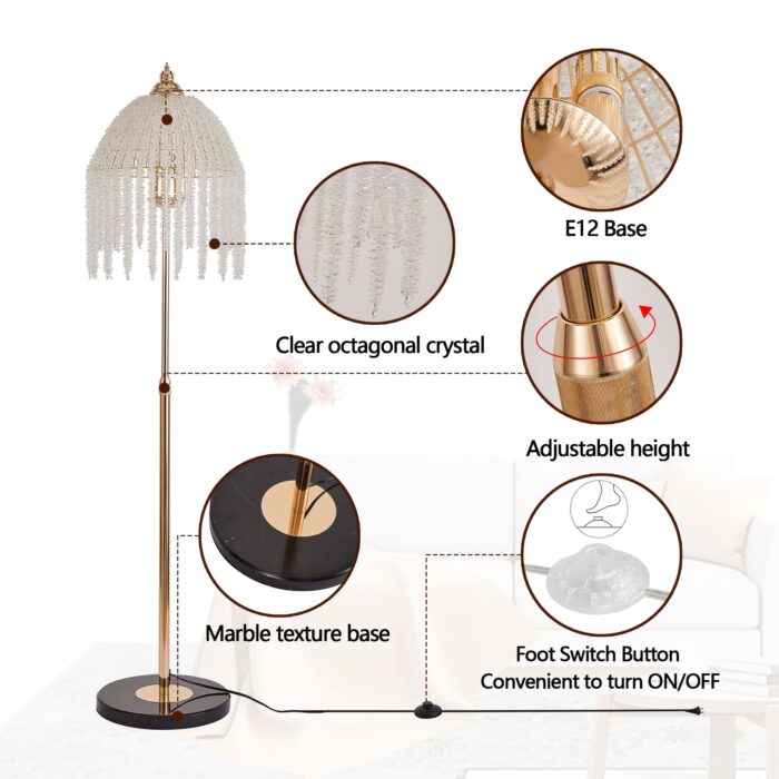Crystal Floor Lamp – Elegant Waterfall Style with Marble Textured Base, 3-Light Standing Lamp - Image 7