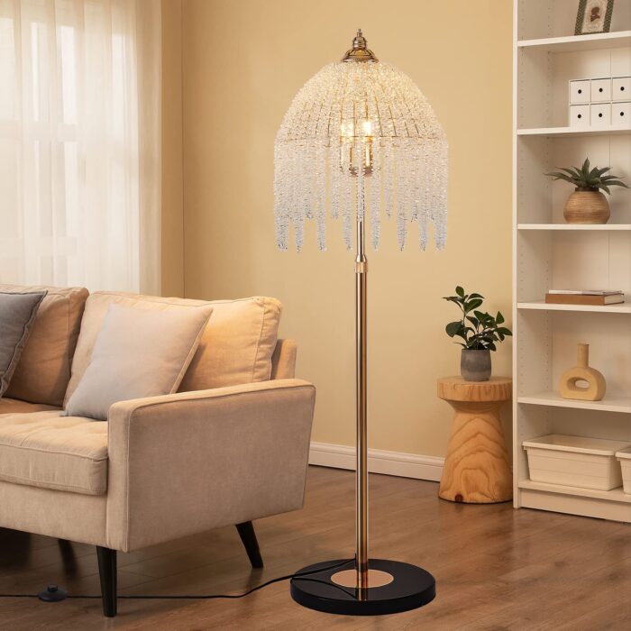 Crystal Floor Lamp – Elegant Waterfall Style with Marble Textured Base, 3-Light Standing Lamp - Image 2