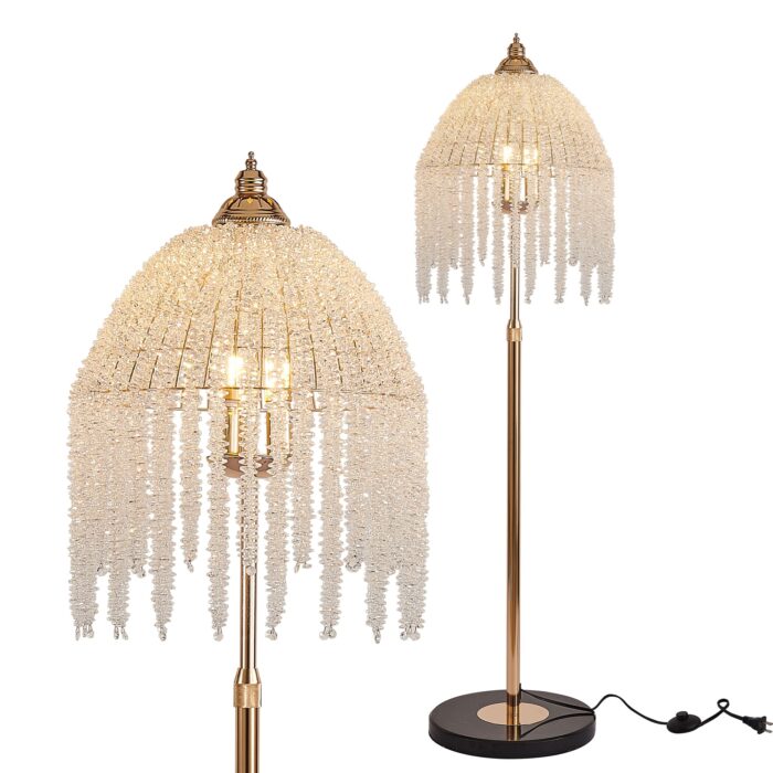 Crystal Floor Lamp – Elegant Waterfall Style with Marble Textured Base, 3-Light Standing Lamp - Image 5