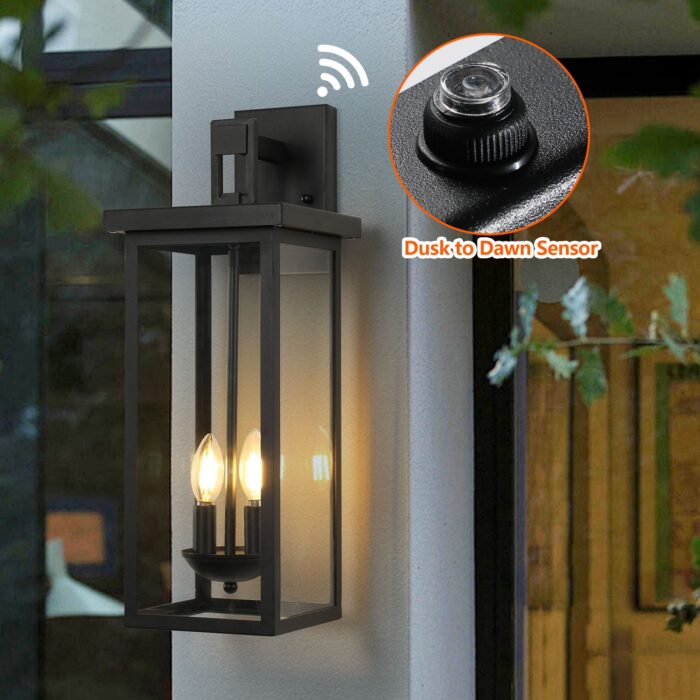 Farmhouse 2-Light Outdoor Wall Light – 21.7 Black Sconce with Dusk to Dawn Sensor