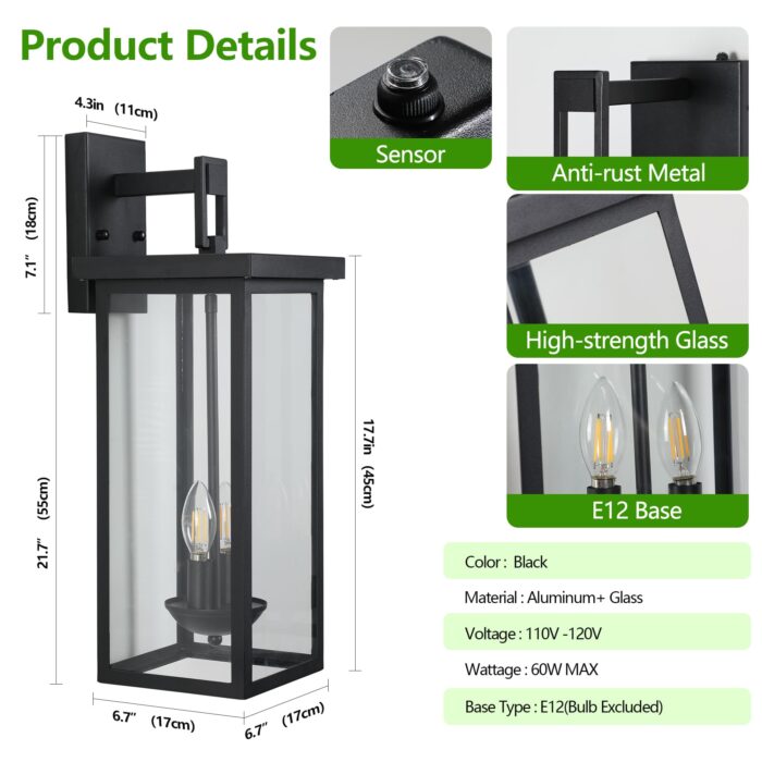 Farmhouse 2-Light Outdoor Wall Light – 21.7 Black Sconce with Dusk to Dawn Sensor