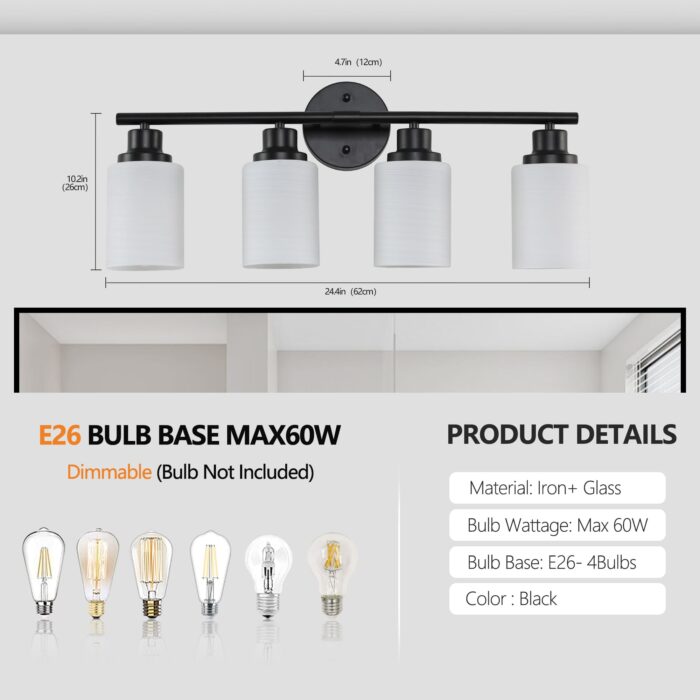 Matte Black 4-Light Vanity Light – Modern Bathroom Wall Lamp with Frosted Glass - Image 6
