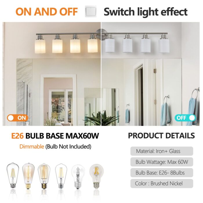 Modern 8-Light Vanity Light, Brushed Nickel Finish with Frosted Glass for Bathroom Mirror - Image 5