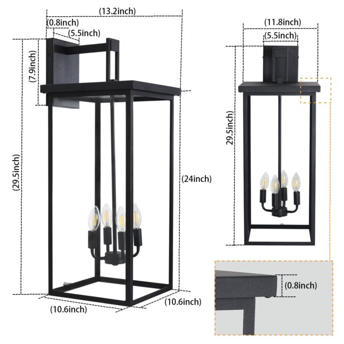 Outdoor Wall Sconce – 29.5 Black 4-Light Waterproof Lighting Fixture with Clear Glass