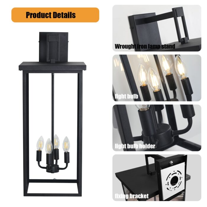 Outdoor Wall Sconce – 29.5 Black 4-Light Waterproof Lighting Fixture with Clear Glass