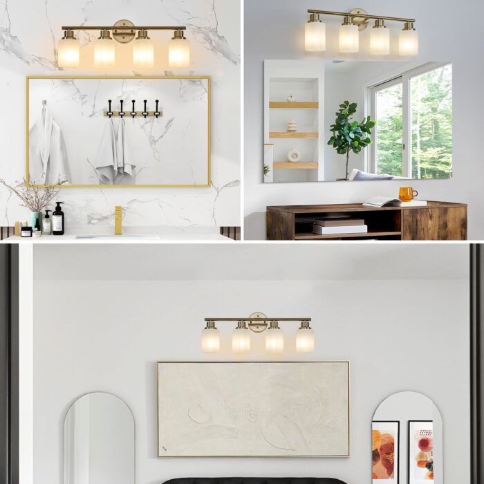 Over Mirror Vanity Light – 4-Light Brushed Gold Bathroom Wall Fixture - Image 4