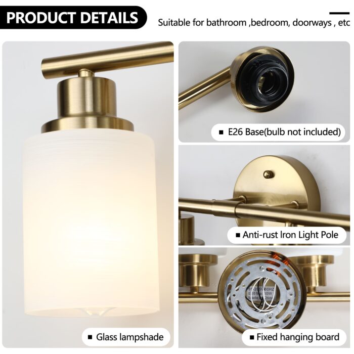 Over Mirror Vanity Light – 4-Light Brushed Gold Bathroom Wall Fixture - Image 6