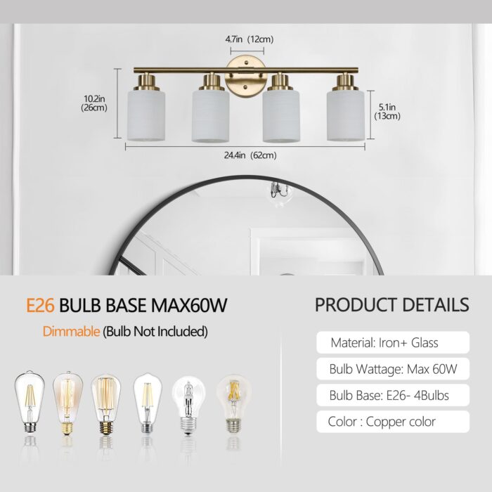 Over Mirror Vanity Light – 4-Light Brushed Gold Bathroom Wall Fixture - Image 7