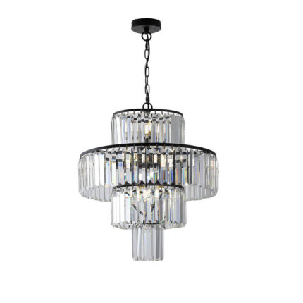 Modern 12-Light Black Crystal Chandelier – 4-Tier Round Luxury Pendant Light Fixture (20 Wide)