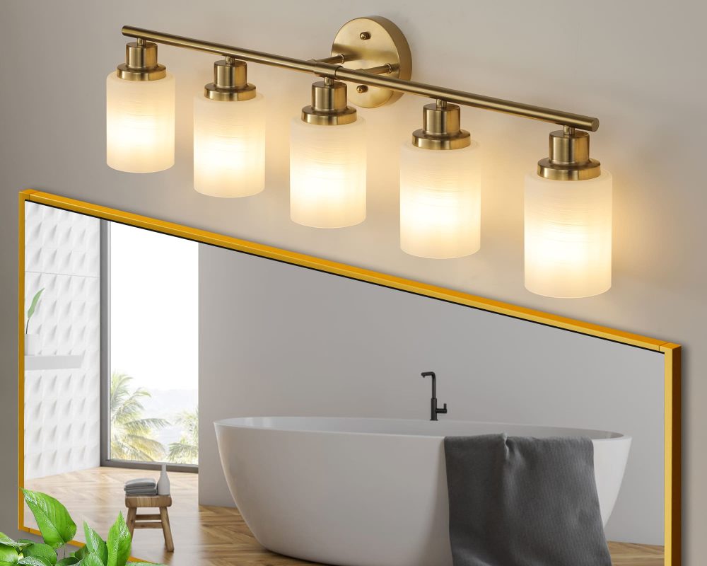 Bathroom Vanity Light – 5-Light Brushed Gold Wall Sconce with Frosted Glass Shades (3)